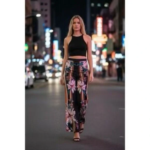 Akira High Waisted Wide Leg Flare Black Floral Striped Palazzo Pants Size M - Picture 2 of 7